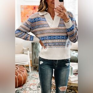 EUC J. Crew Lambs Wool Blend Fair Isle Collared Sweater Blue Orange Cream Birds